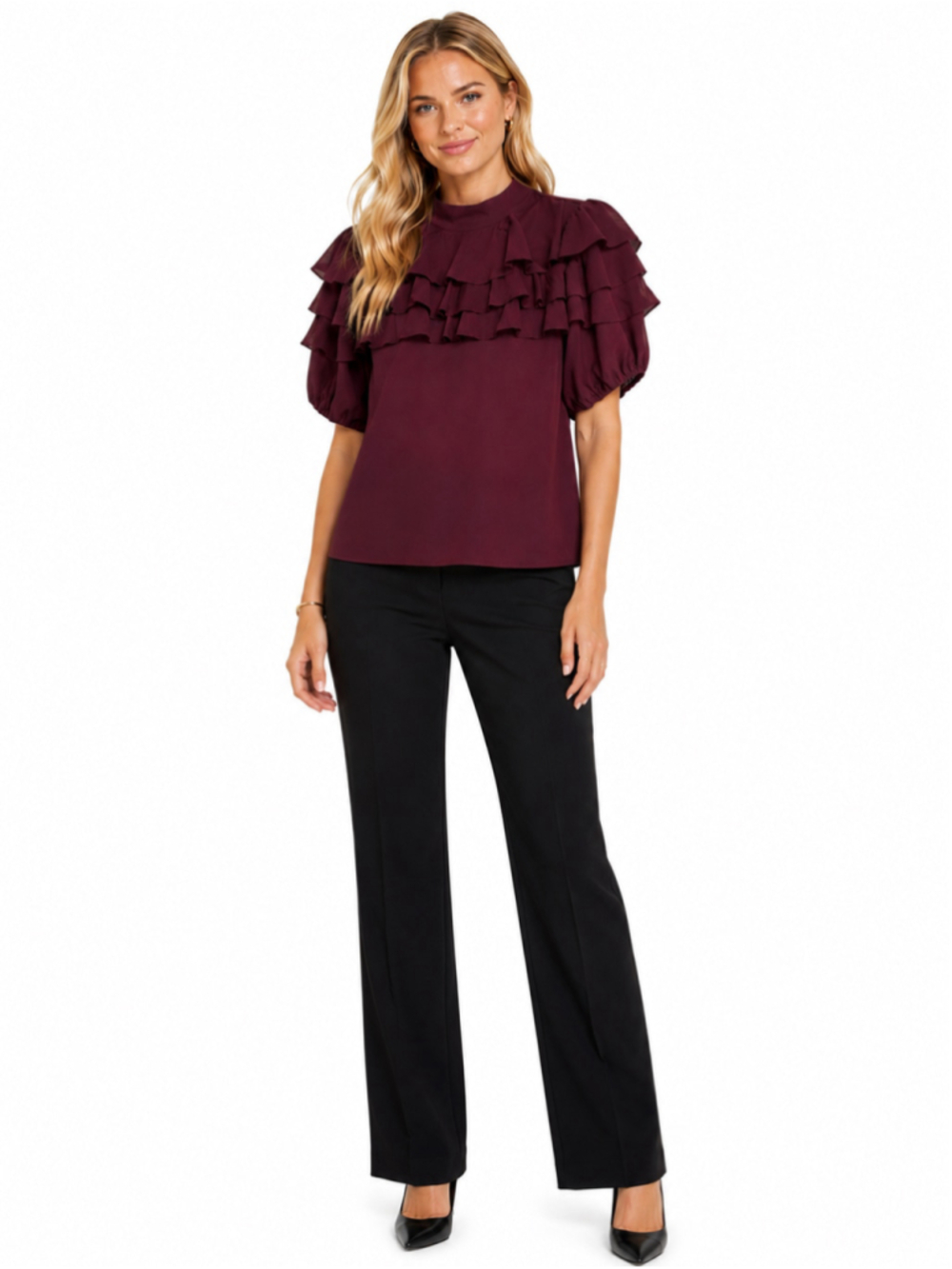80 Park Burgundy Ruffle Blouse Size M NWT - Picture 3 of 12